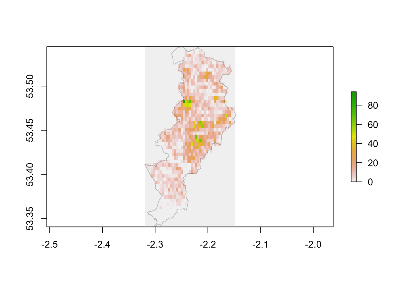 A grey outline of Manchester is centred inside a rectangle with notches and numbers on the vertical and horizontal axis, representing latitude and longitude. A legend to the right matches a gradient from grey to orange to yellow to green, with numbers from zero to nearly one hundred. The map has small shaded squares covering it, a grey backdrop with many light and dark orange blotches all over, and concentrations reaching yellow and green in the centre, and a few areas southeast from there.