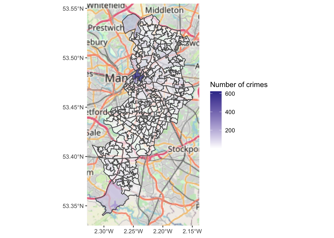 The previous plot overlaid on a map of Manchester. The gradient has been inverted, with lighter colours denoting lower number of crimes, and darker blue more. The label of the gradient is now 'Number of crimes'.