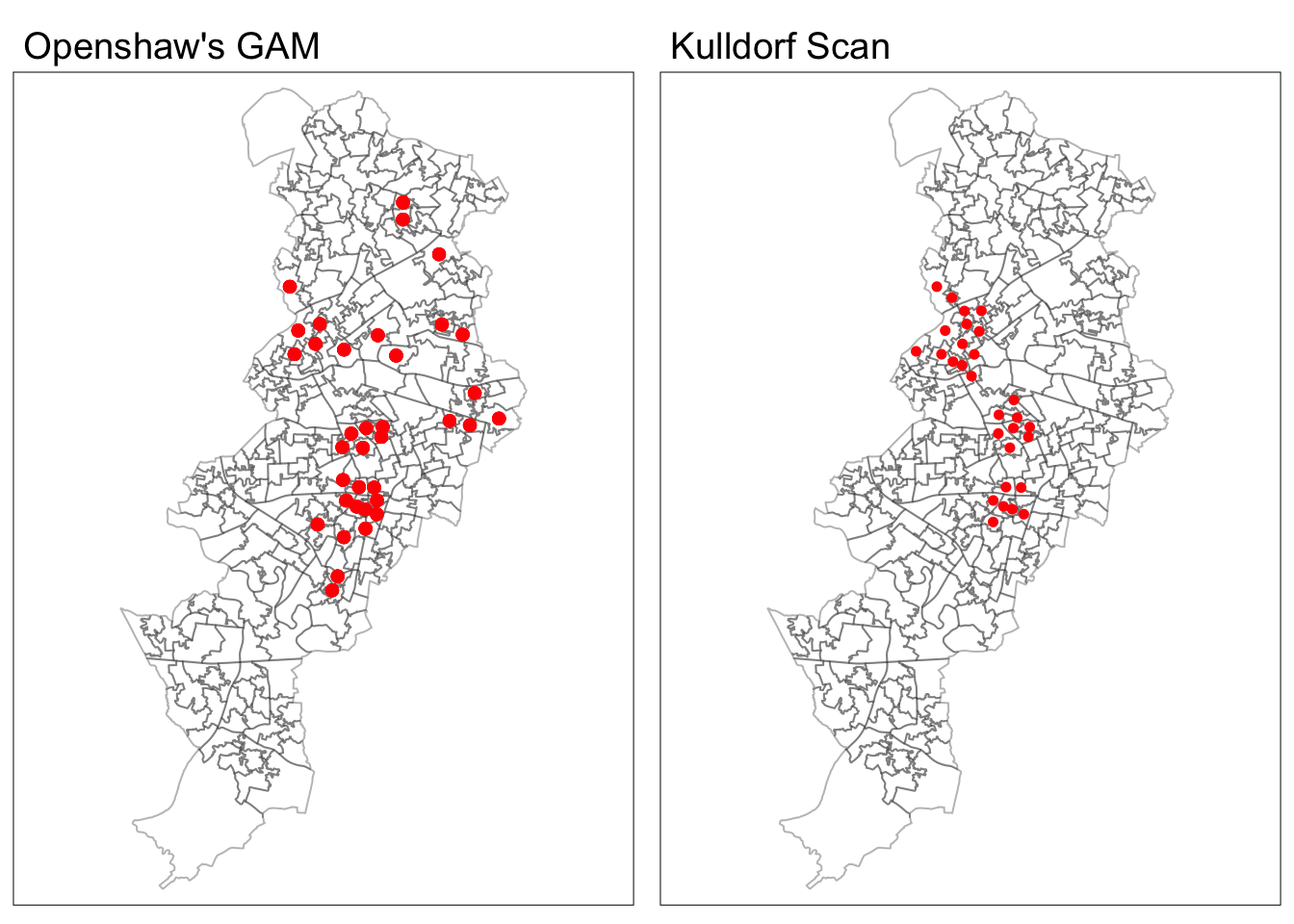 Difference in results between Openshaw's GAM and Kulldorf scan statistics