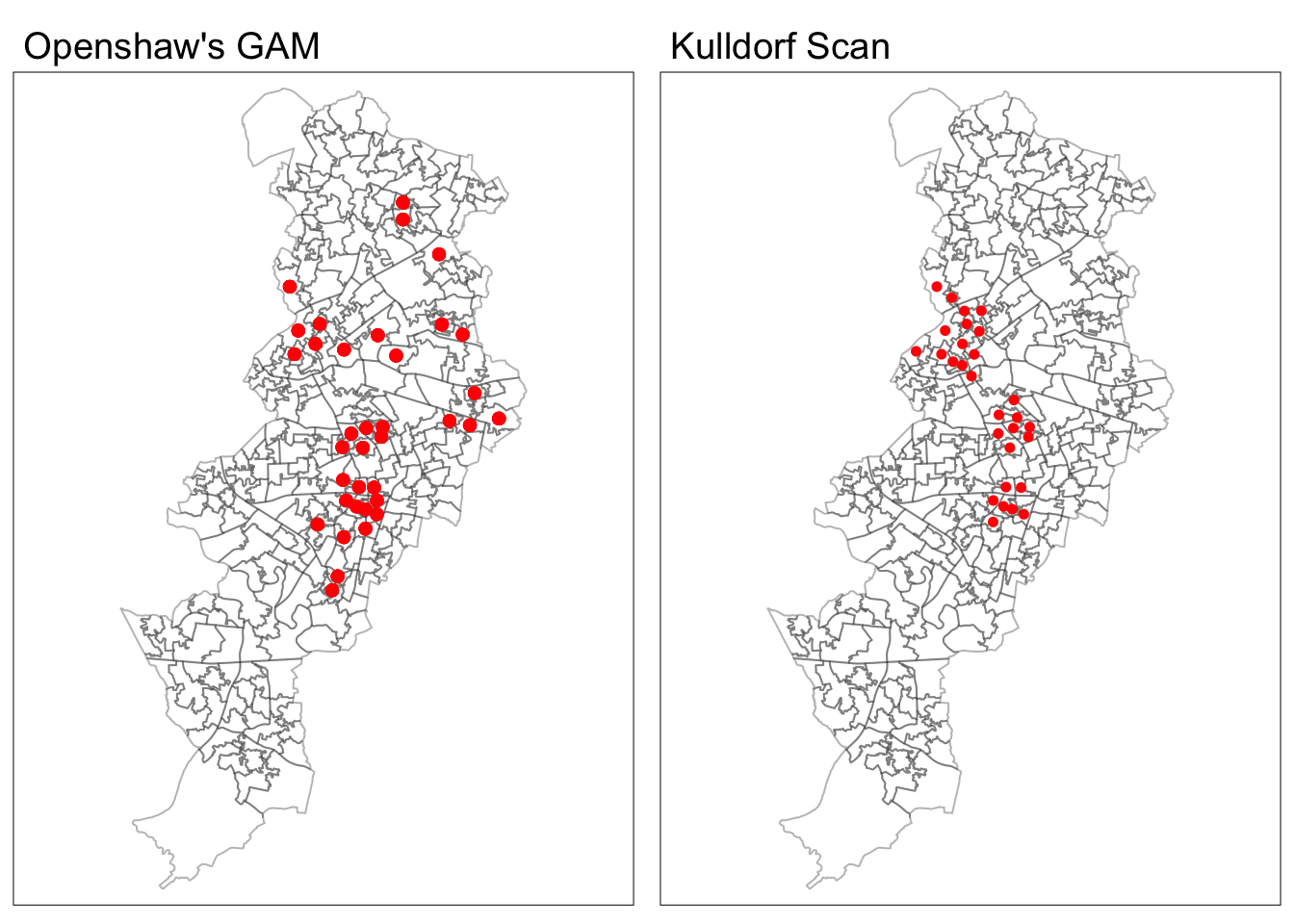 Two side-by-side featureless maps of Manchester broken into LSOAs, one titled 'Openshaw's GAM', and the other 'Kulldorf Scan'. Both have red dots in some of the LSOAs. The map on the right, 'Kulldorf Scan', shows three clear clusters of red, one around the city centre, one slightly southeast, and one more further south. The left map, 'Openshaw's GAM', also has similar clusters to these, but also includes red dots further south, and some smaller clusters further east.