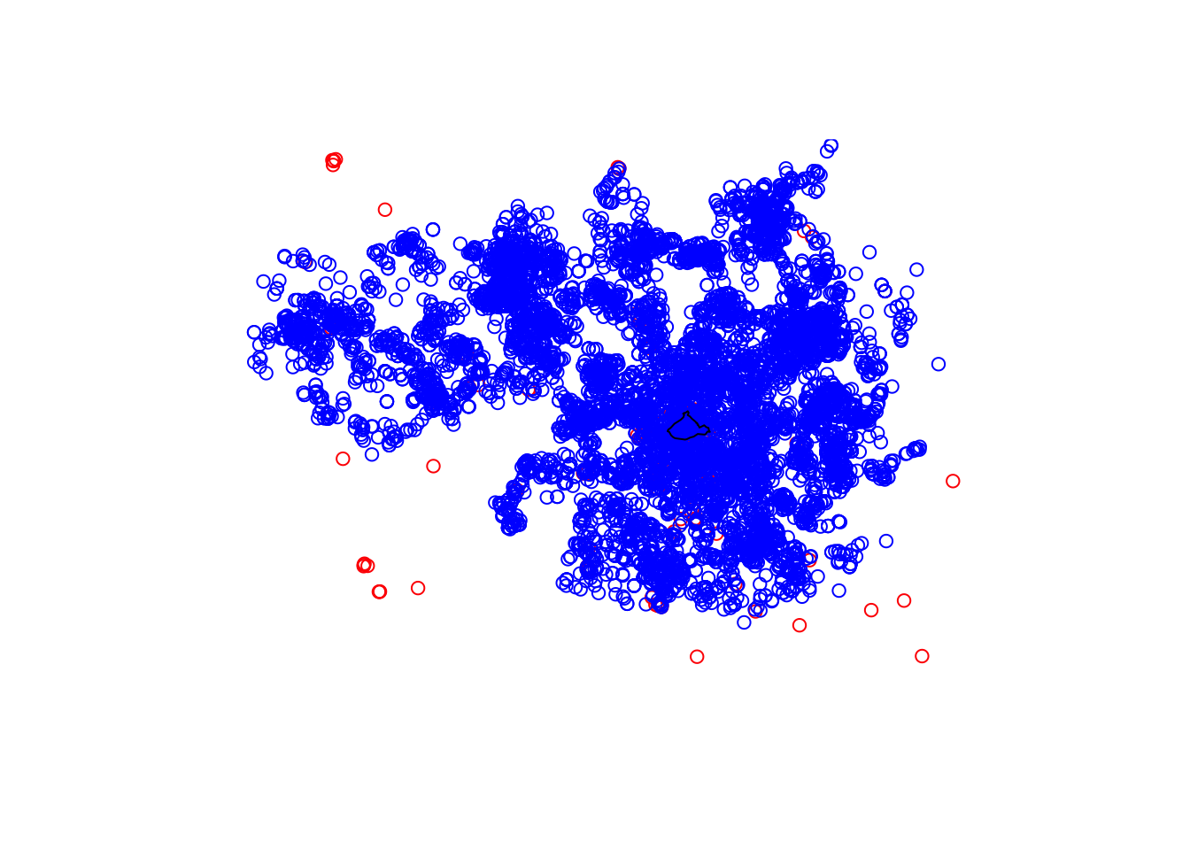 In addition to the red circles from the previous figure, now way too many overlapping blue circles have shaded large parts of the figure blue, including the inside of the City Centre ward outline.