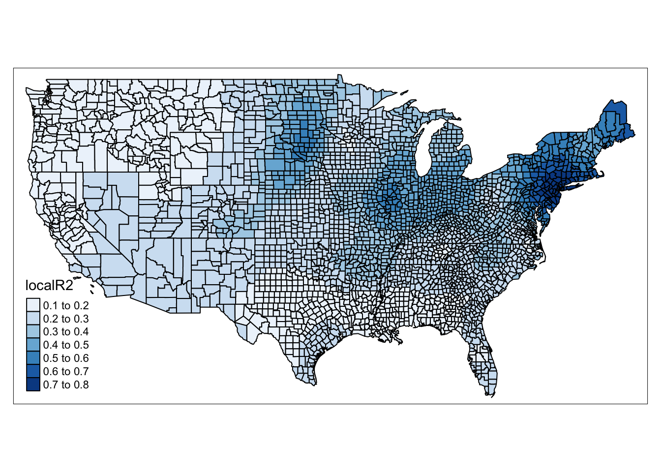 Counties of the United States are now shaded in shades of blue. A legend in the bottom left, labeled 'local R 2', matches increasing values to darker blues. The colour transitions are smooth, with a dark blue emanating from New York, with counties from Delaware to Maine being darker blues. Areas in Illinois and South Dakota also appear in darker blue. The south and northwest are very light shades.