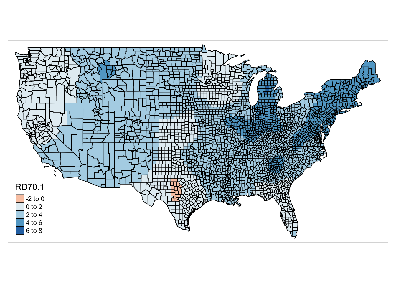 The counties of the United States are shaded in shades of blue and orange. A legend in the bottom left, labeled 'RD70.1', matches negative two to zero to orange, and zero to eight in increasingly darker blues. The northwest, and south of lake Michigan appear dark blue, with a lighter blue covering most of the rest of the counties. The northwest, far southeast, and a strip down the centre of the country are very light blues. Orange is only apparent in a cluster of counties in the centre of Texas.