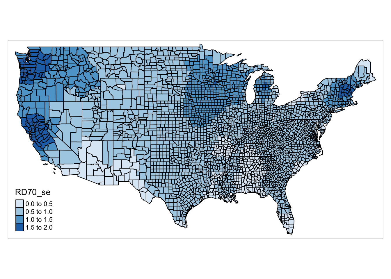 This shaded map of the counties of the United States has a legend titled 'RD70 se', matching values increasing from zero to darker shades of blue. Counties around the west coast, upper midwest, and New Hampshire are dark blues, while some of the south on both sides of Texas are very light blue.