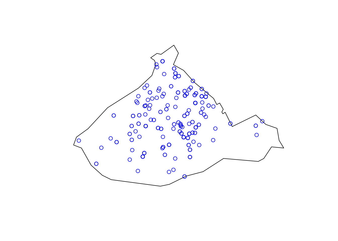 An outline of the City Centre ward, with numerous blue circles spread across its interior. The far east and west areas are more sparse with circles than the rest.