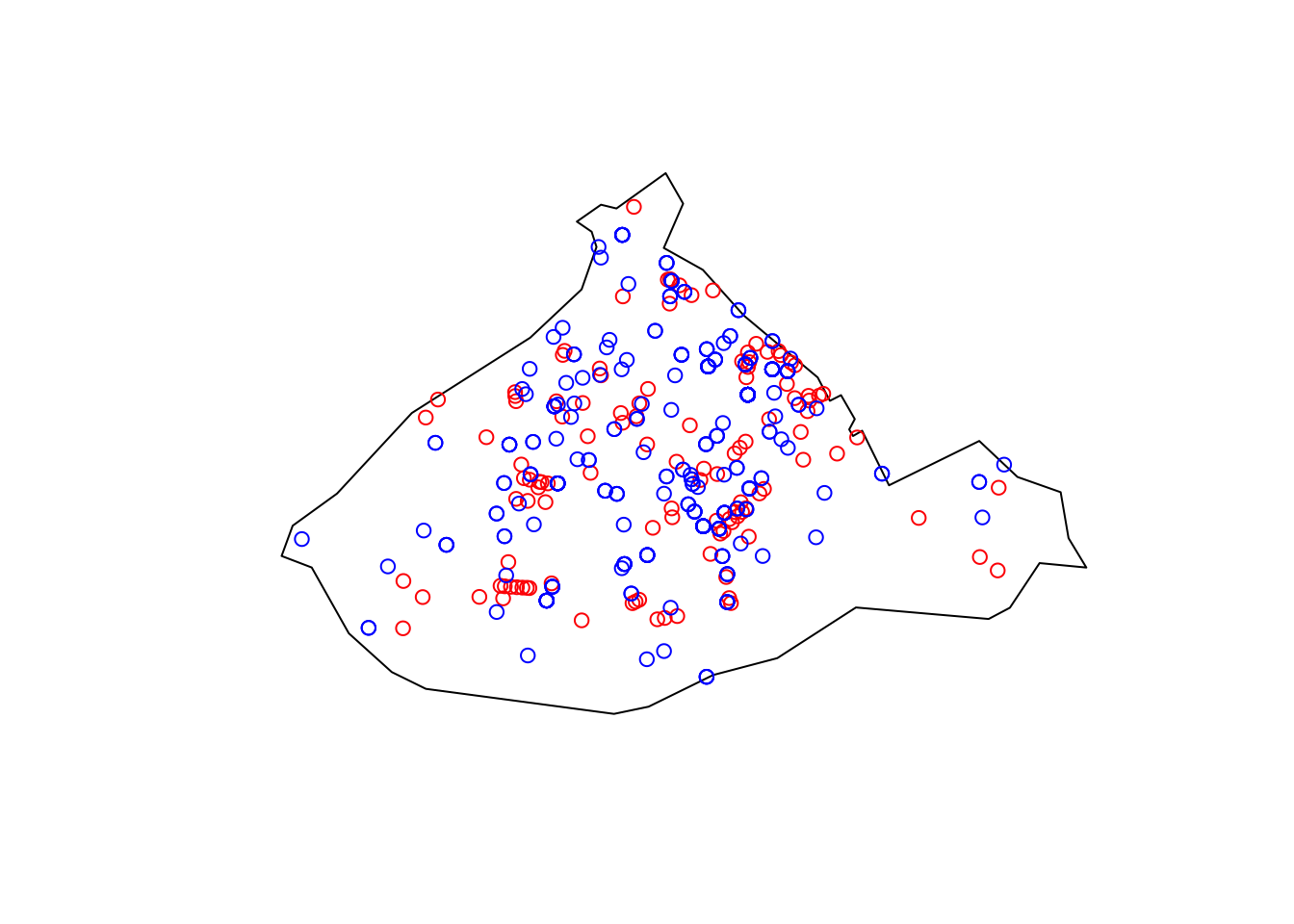 An outline of the City Centre ward, with numerous red and blue circles spread across its interior. The far east and west are more sparse with both types of circles compared to the centre and northeast.