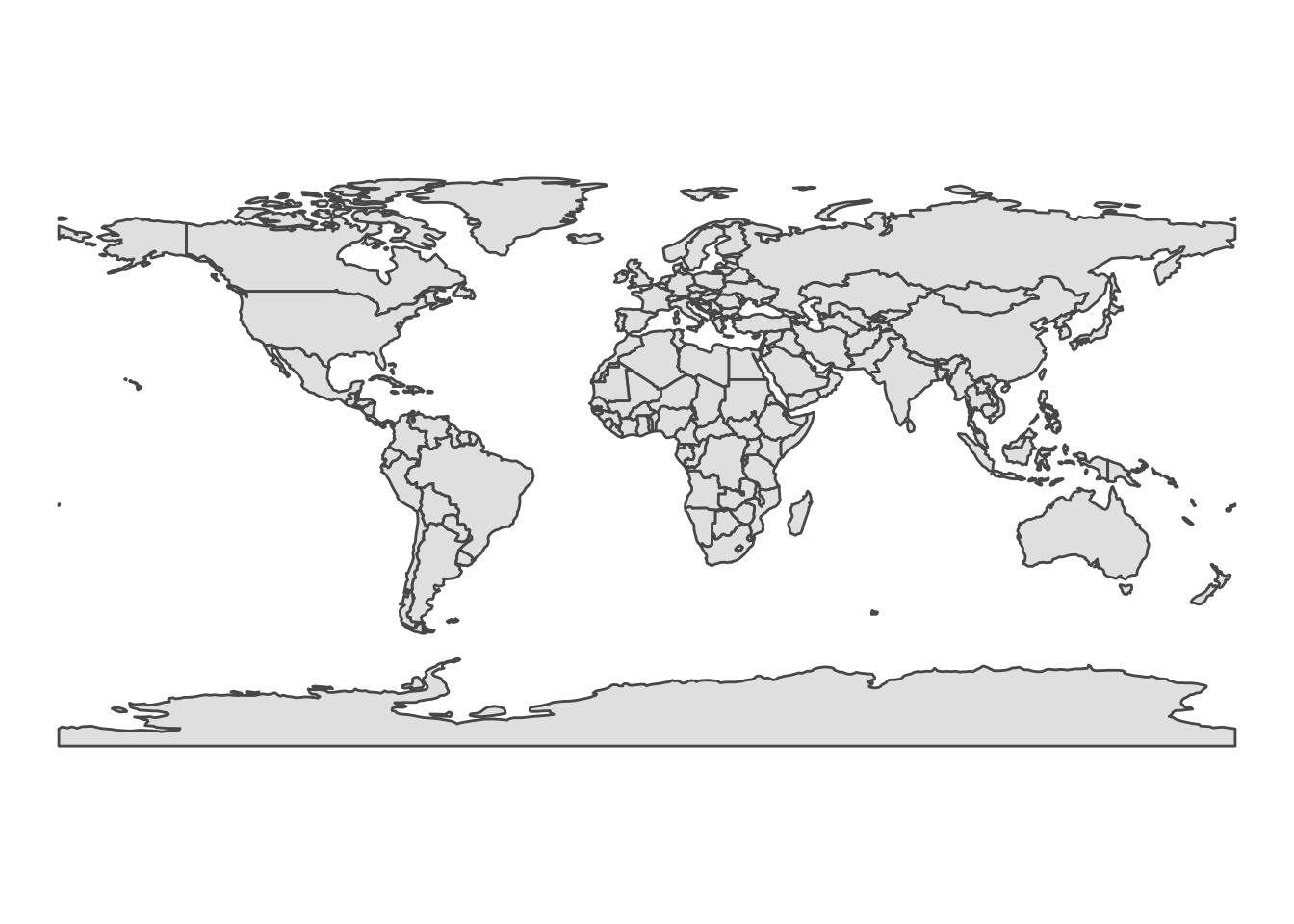 A featureless map of the world, with countries outlined in grey and shaded light grey. Oceans and seas are white.