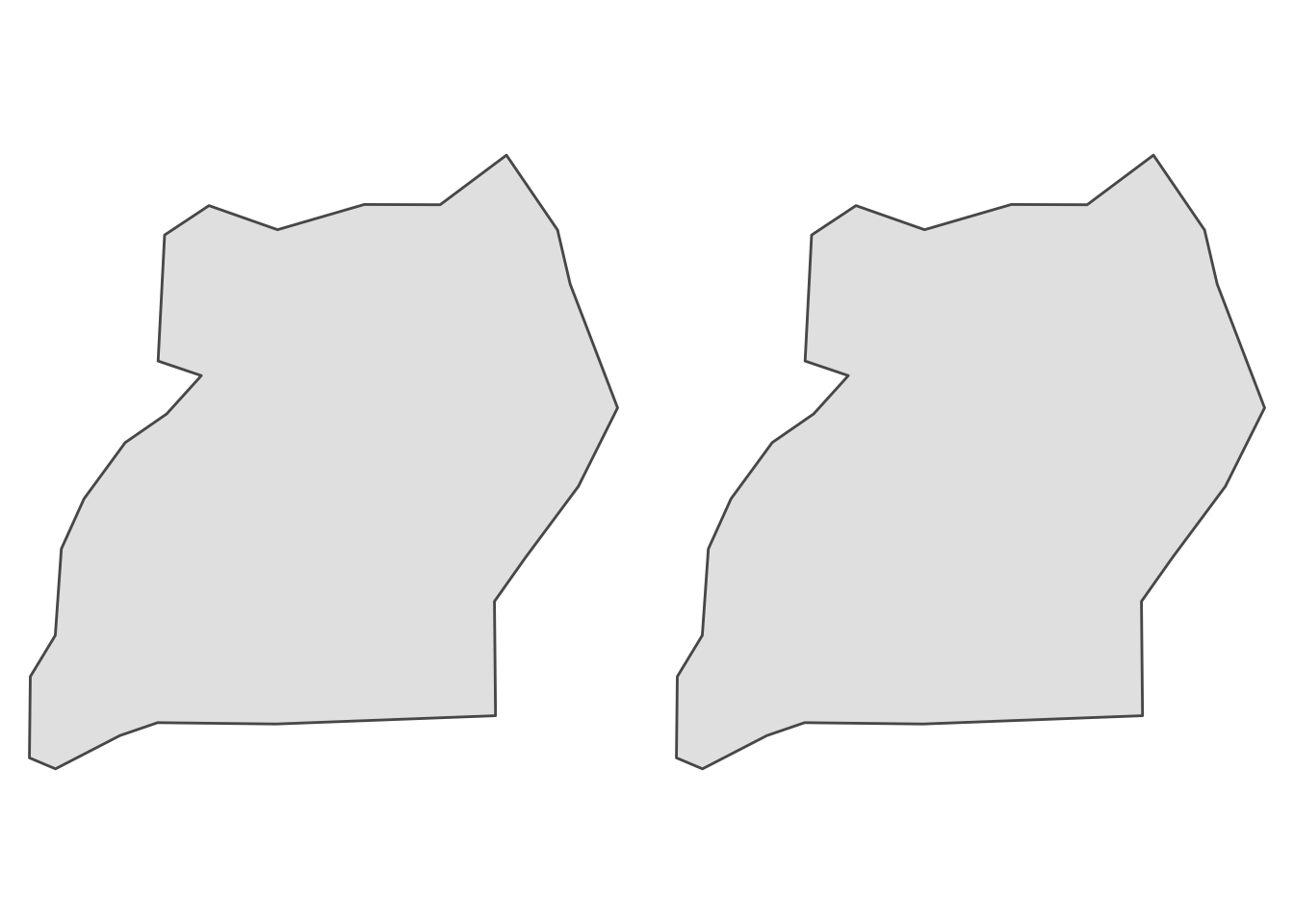 Two identical rough grey outlines of Uganda's border, with the interior shaded in light grey.
