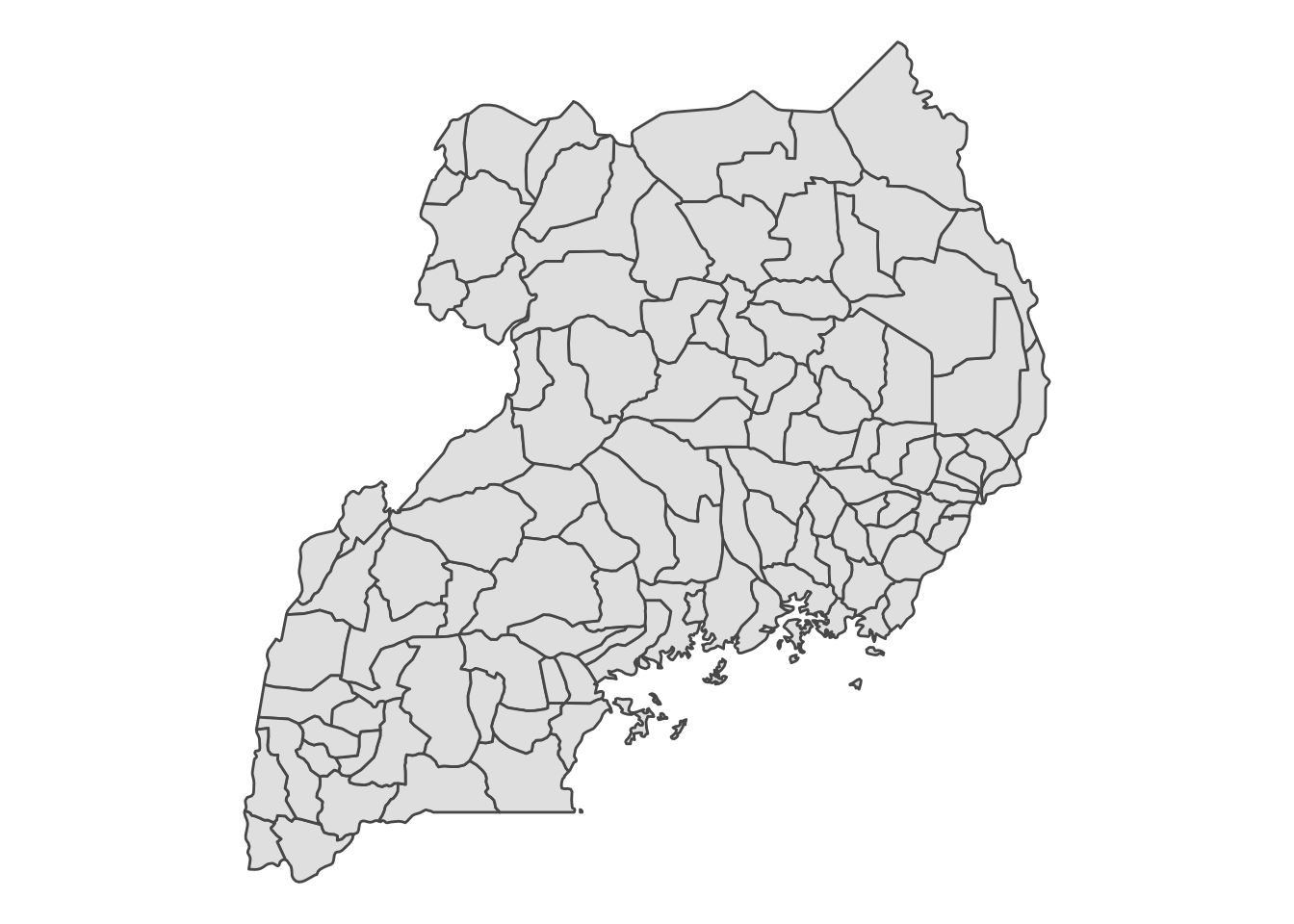 Uganda broken up into districts by grey borders. Each district is the same light grey shade.