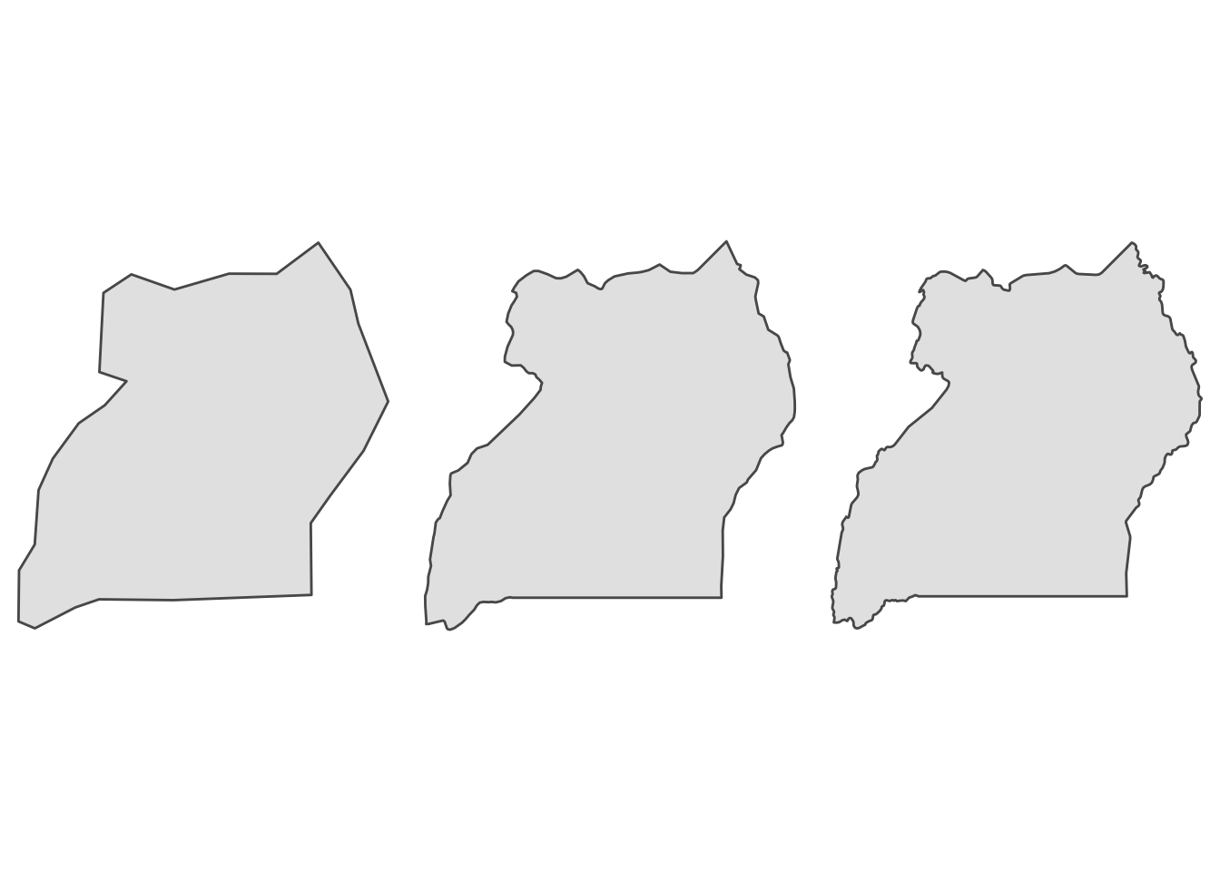 Three side by side grey maps of Uganda. The borders of the first map looks very polygonal, while the detail increases in each successive map.