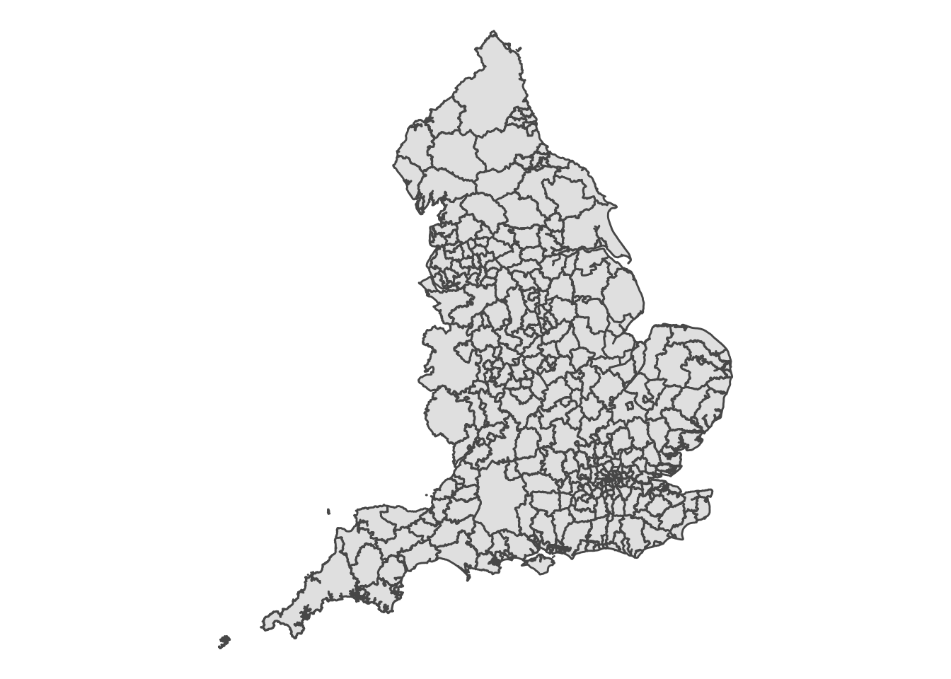 A grey outline of England, and the borders of the Local Authorities, all shaded in light grey.