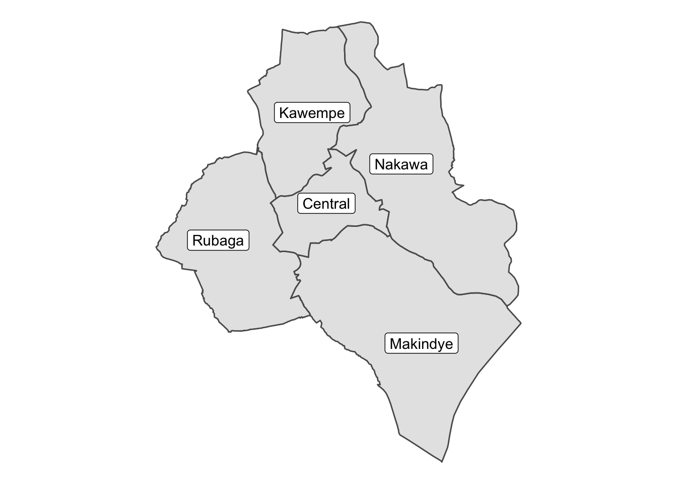 A grey outline of Kampala and borders of its five regions, shaded light grey. Each region has a rounded white box with the name of the region as a label inside.