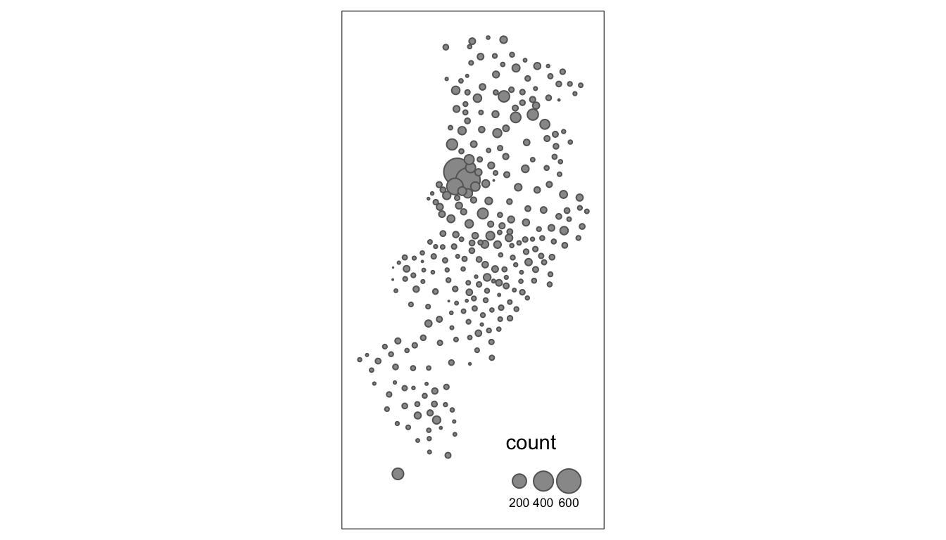 Many grey circles of various sizes are spread out in a shape that corresponds to Manchester. The legend in the bottom right is labeled count, and shows three example circles with the corresponding numbers two hundred, four hundred, and six hundred. Most circles are smaller than the two hundred circle, except for central Manchester where they overlap slightly, and a few of the circles are noticeably larger.