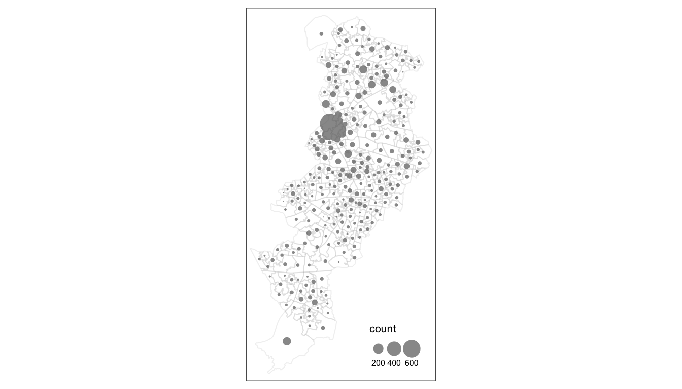 The plot contains the same information as the previous one, with LSOA borders included. Each circle is in the centre of each LSOA.