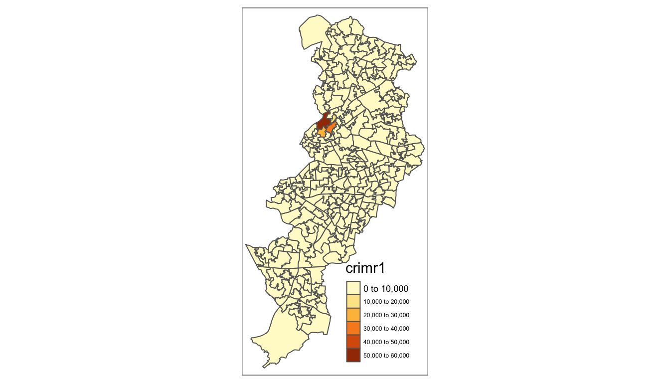 An outline of the borders of the LSOAs in Manchester, each of which is shaded according to a gradient from yellow to red. A legend in the bottom right labeled 'crimr1' explains the six possible colours, each of which covers a range of ten thousand. Only the lightest colour is used, except for a few LSOAs near the centre of the city.