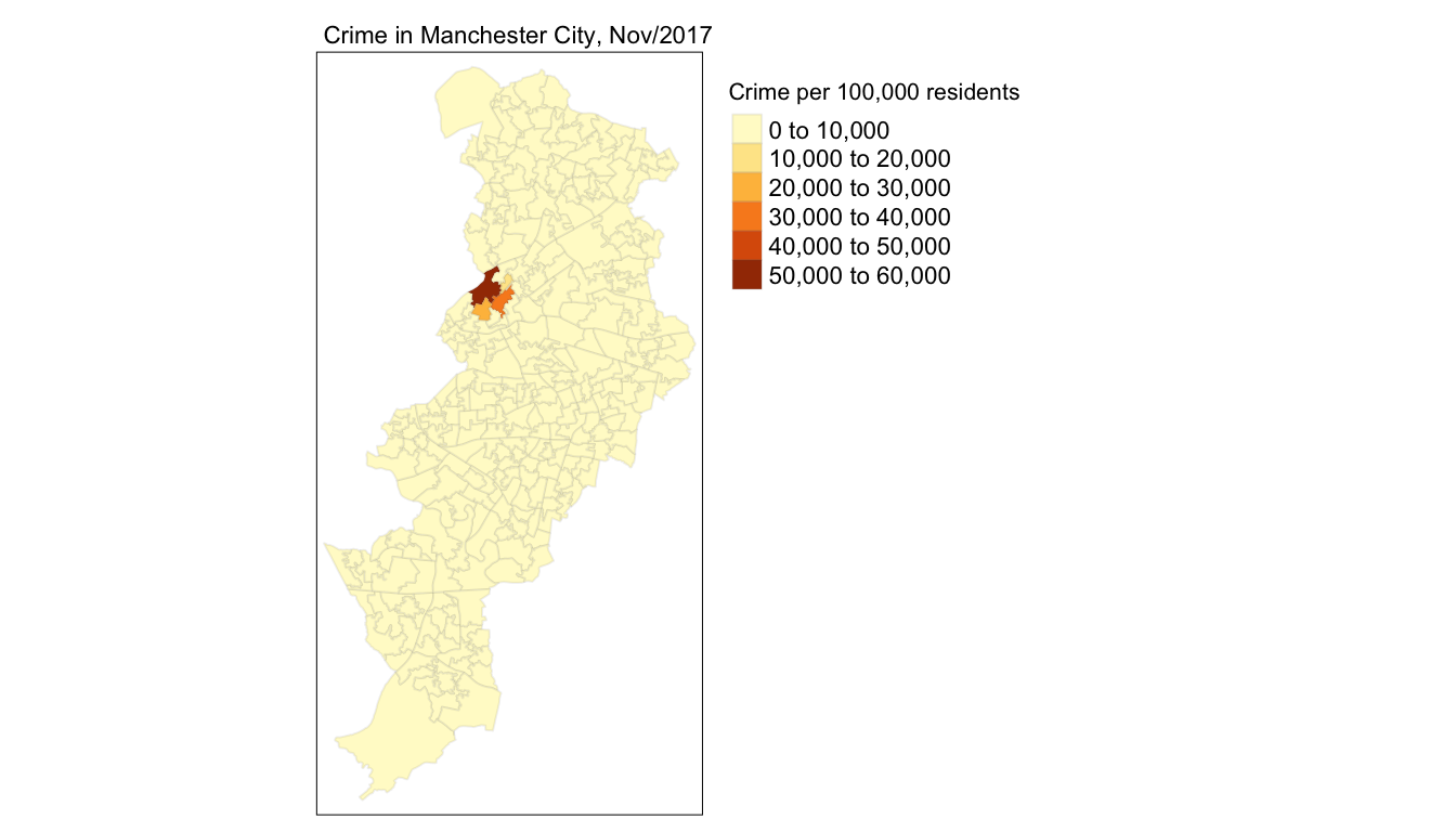 The previous figure, now with a title 'Crime in Manchester City, Nov 2017'. The legend has moved further to the right of the shaded map, enlargened, and its label has been updated to 'Crime per hundred thousand residents'.