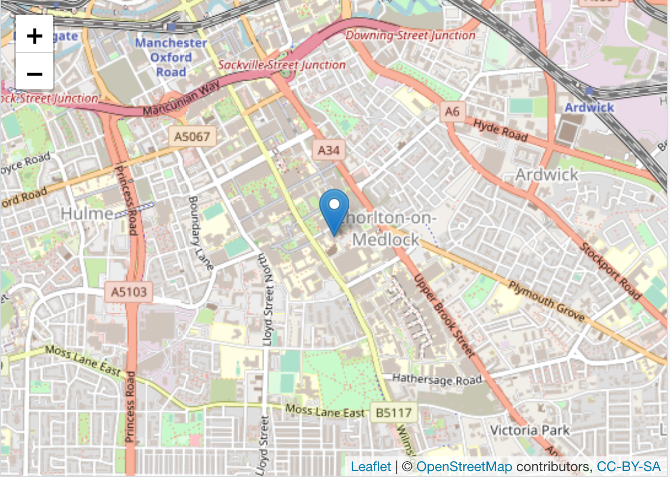 A leaflet street map is centred around the University of Manchester, which is indicated by a blue pin marker. The usual leaflet decorators including zoom buttons and copyright notice are present.