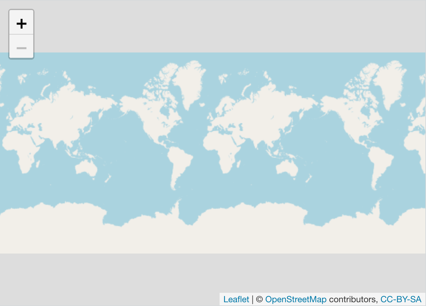 A featureless world map in the Mercator projection is zoomed out to an extent where continents repeat. The top left has plus and minus buttons meant for zooming. The bottom right contains the text 'Leaflet', in addition to a copyright notice.