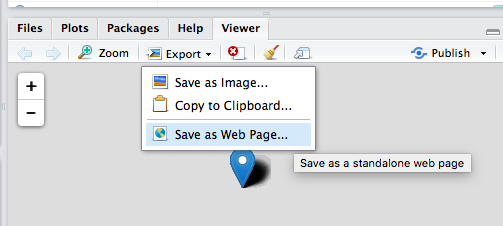 A screenshot from the plot viewer has been cropped, showing the tabs and buttons near the top menu. The export menu is active, with the current selection being 'Save as Web Page'.