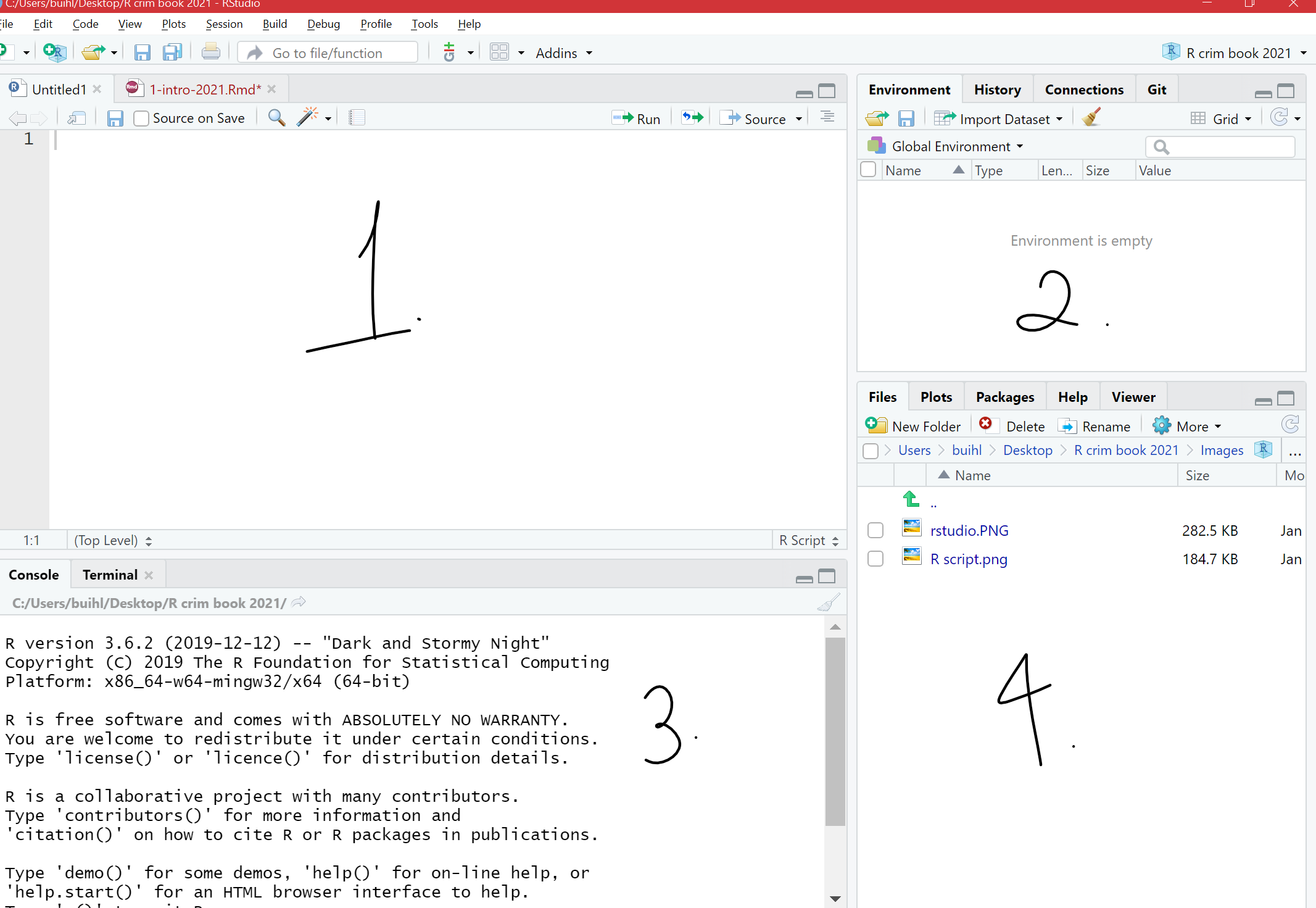 A screen capture of the RStudio desktop app, now with four panes dividing the main window. Compared to before, the pane containing 'R Console' has been squished down, and an equal size pane has appeared above it. That pane contains tabs for two open files, along with some buttons running along the top of the the pane, followed by a large text entry area. The four panes are labeled one through four, going left to right, such the new pane has the number one, the one with the 'Environment' tab two, 'Console' three, and the one with the 'Files' tab number four.
