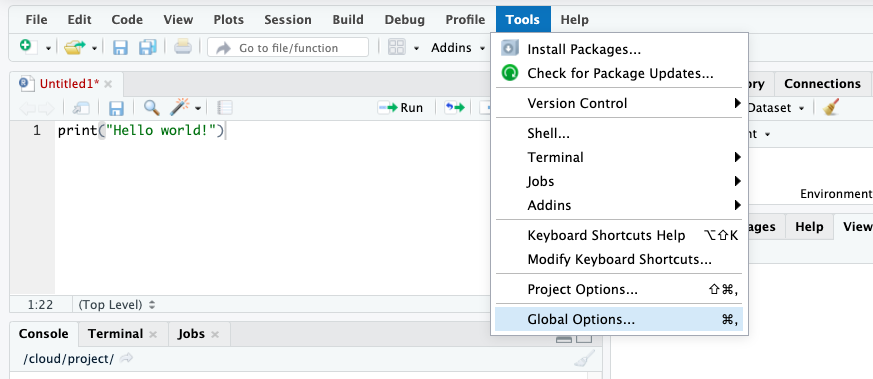 A partial screen capture of the RStudio desktop application, with a drop-down menu from the top bar open. The 'Tools' menu has been selected, and among the options from it, 'Global Options...' is highlighted.