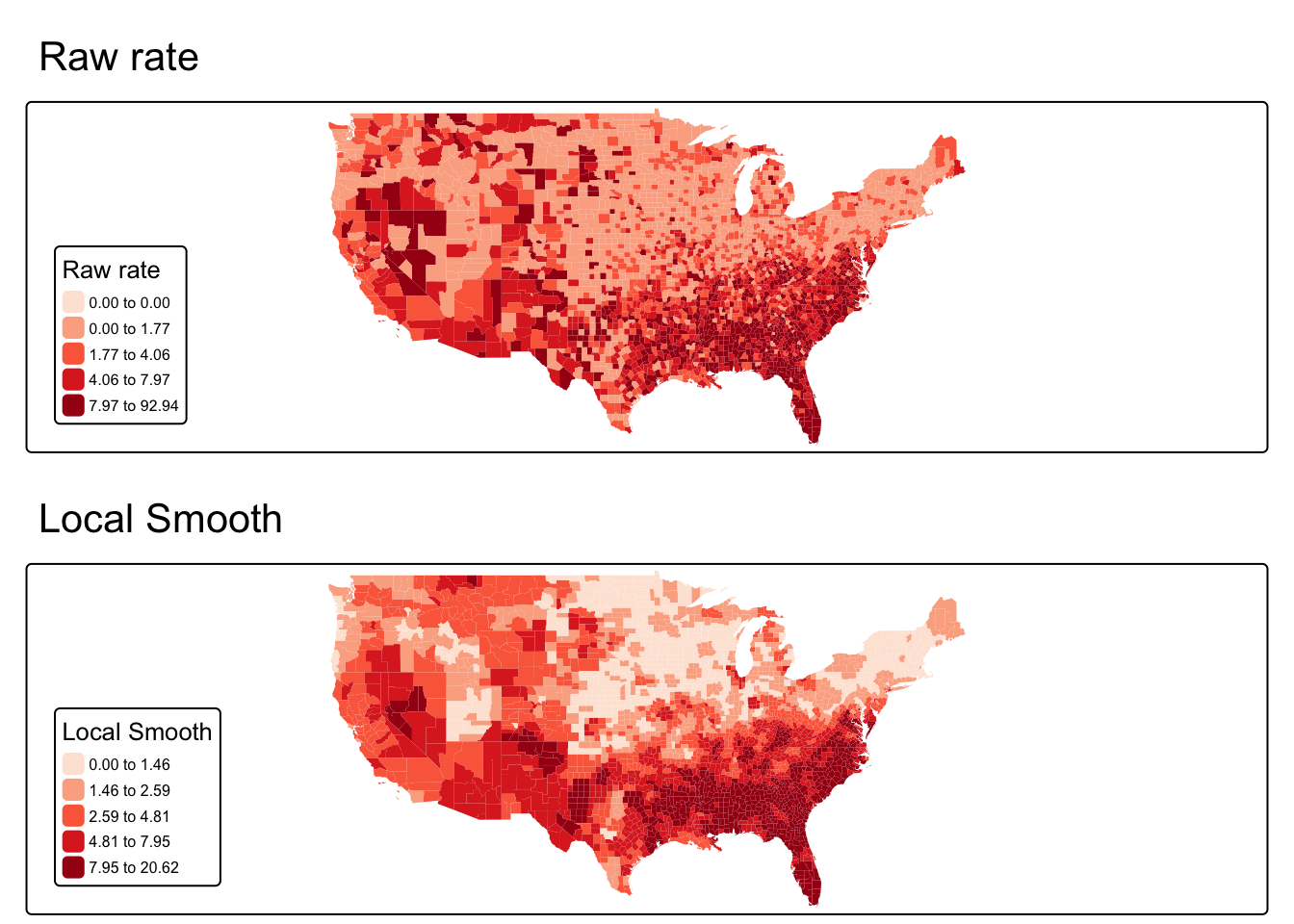 Two shaded maps of counties in the United States. Both maps use five shades of red, getting darker to represent higher values, the first one corresponding to 'Raw rate', the second to 'Local Smooth', according to their legends. The first map is more blotchy than the second, with some lighter counties amidst darker red ones, and vice versa. The second map has much clearer contiguous blocks sharing the same colour. In both maps, the southeast has the most concentration of dark red, with some patches in the south and southwest.